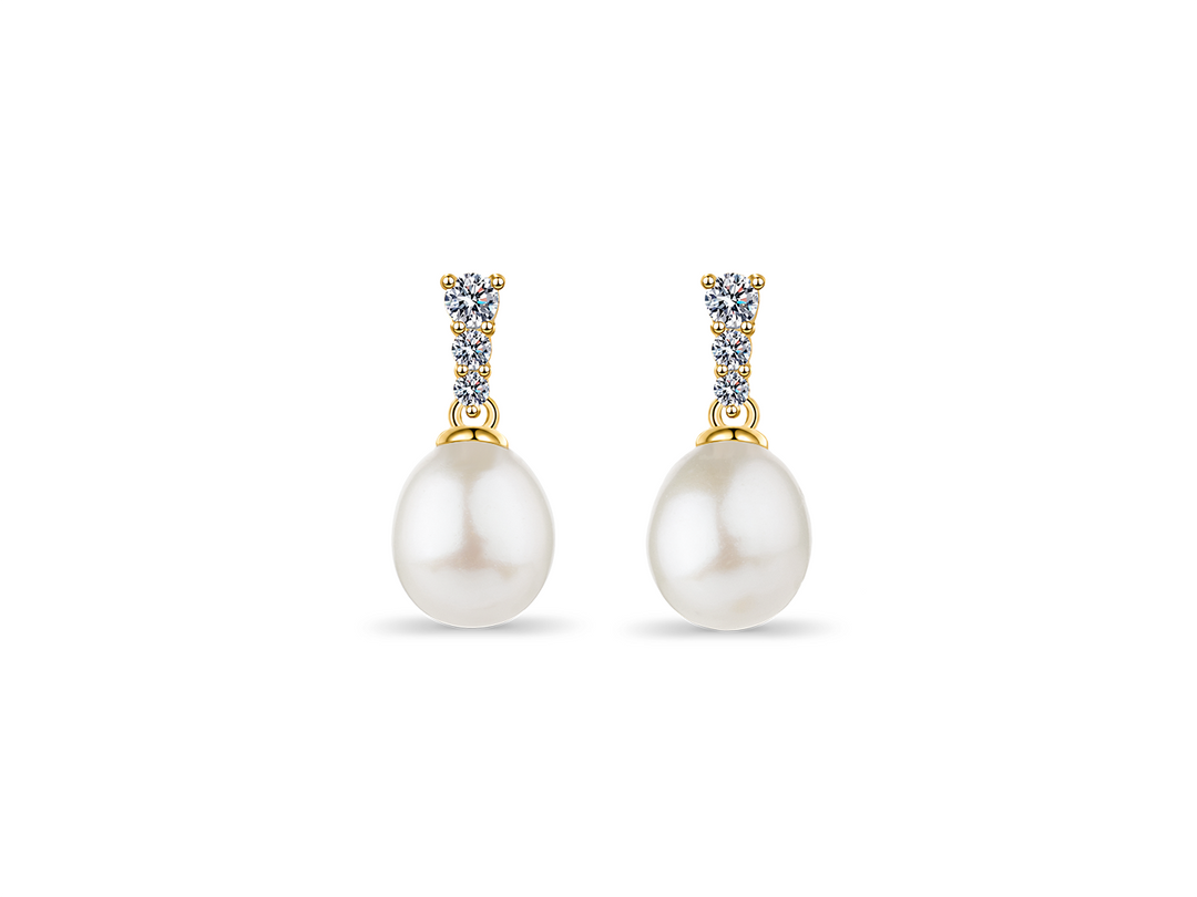 Rosalie - 3 Diamond Teardrop Pearl Earrings | Sterling Silver 925 & Gold Plated