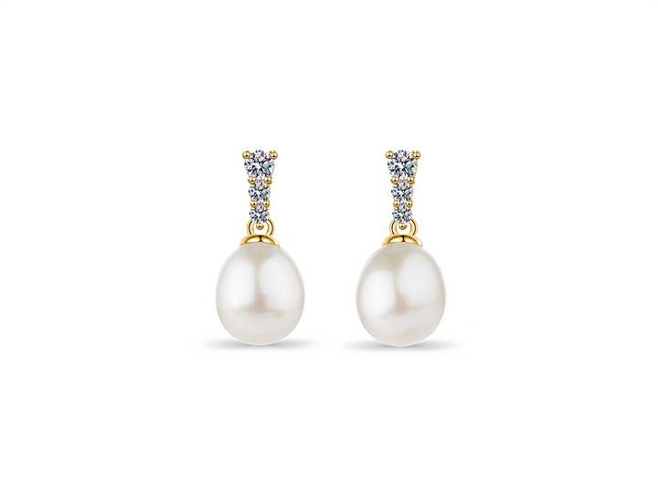 Rosalie - 3 Diamond Teardrop Pearl Earrings | Sterling Silver 925 & Gold Plated