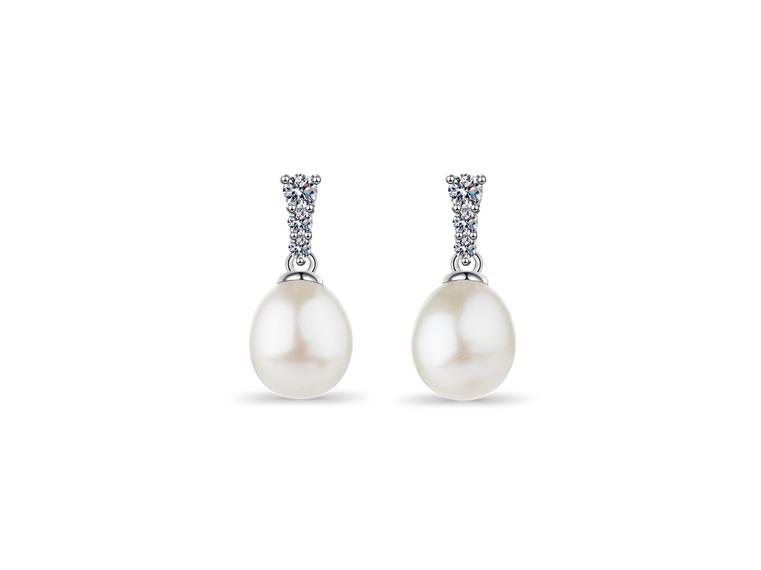 Rosalie - 3 Diamond Teardrop Pearl Earrings | Sterling Silver 925 & Gold Plated
