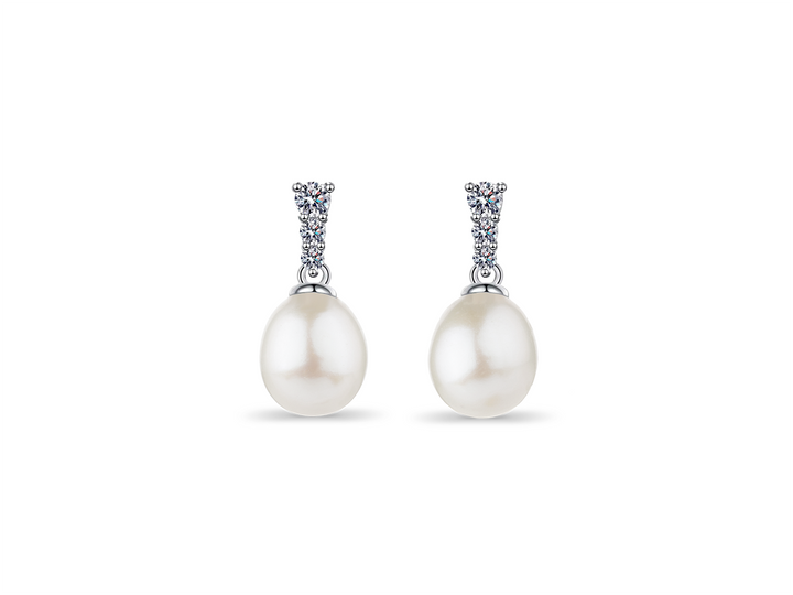 Rosalie - 3 Diamond Teardrop Pearl Earrings | Sterling Silver 925 & Gold Plated