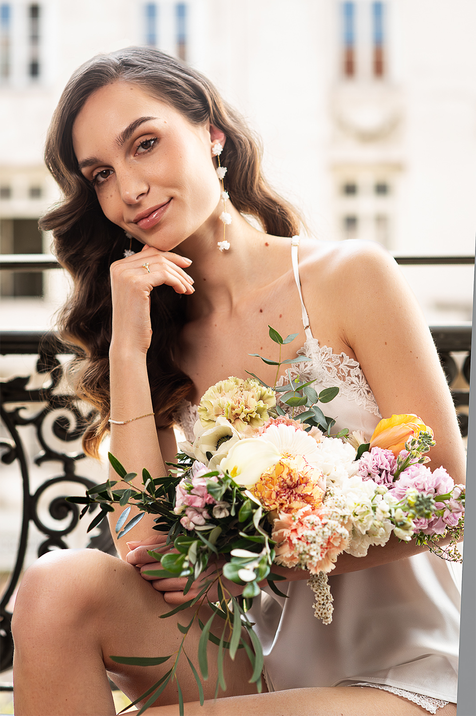 Violet Earrings - Long Earrings with Small White Flower for Brides