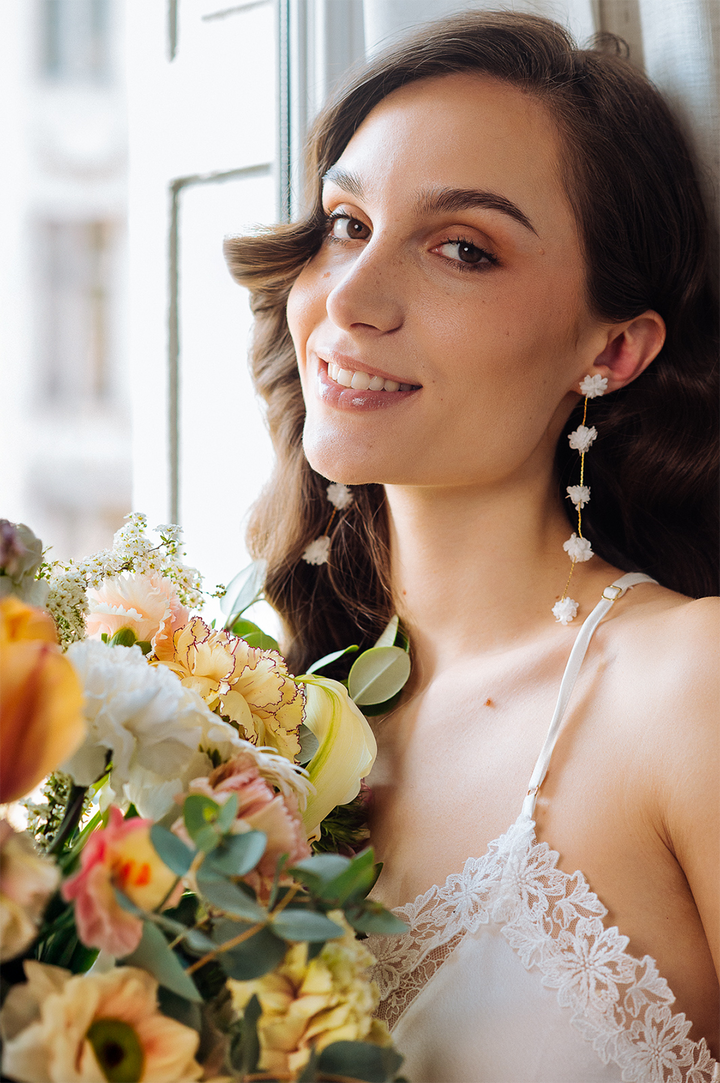 Violet Earrings - Long Earrings with Small White Flower for Brides