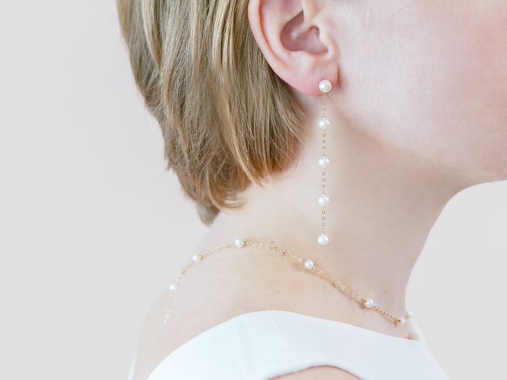 Ambre - Boucles d'oreilles extra longues en perles rondes pour mariées