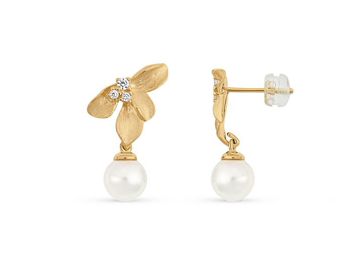 Margaux - Small Flower Earrings with Freshwater Pearl Pendant