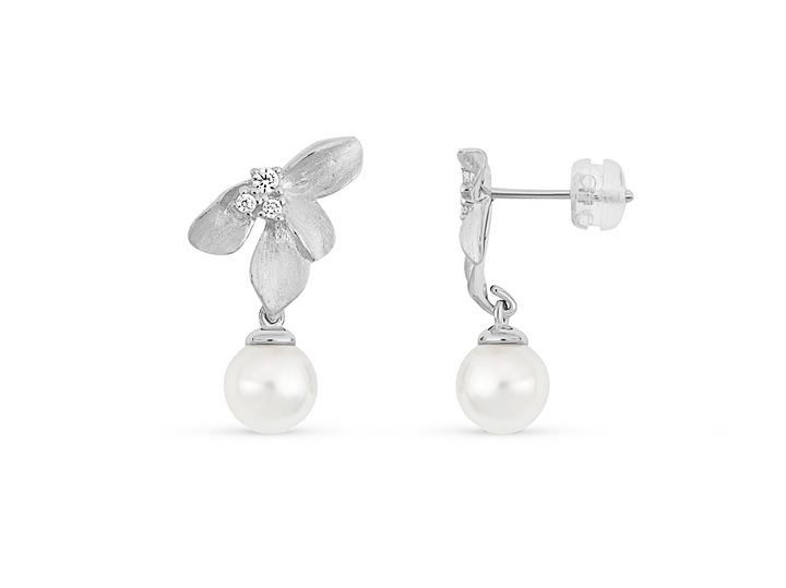 Margaux - Small Flower Earrings with Freshwater Pearl Pendant