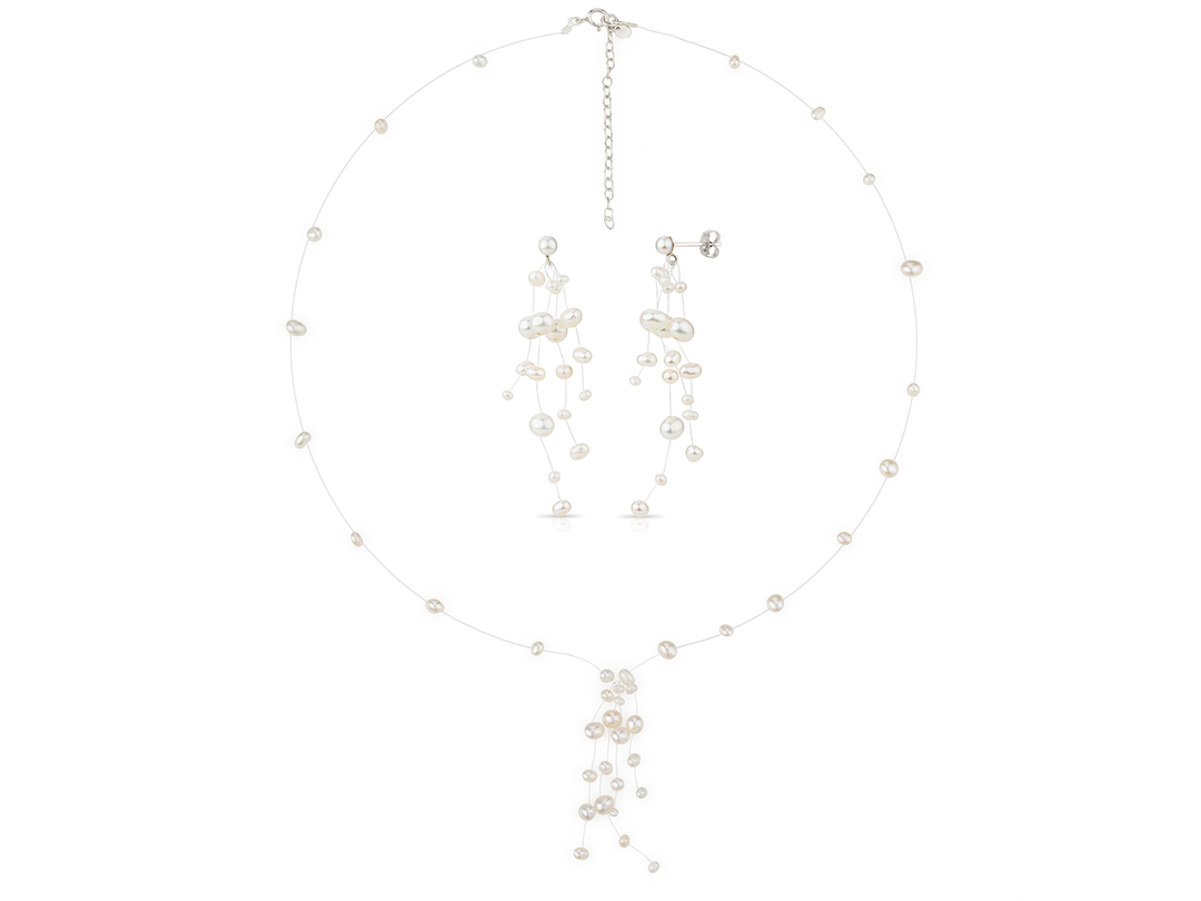 Aimée - Cascading Pearl Earrings and Necklace Bridal Set